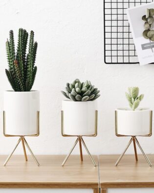 Set of 3pcs Ceramic Flower Planters with Iron Shelf